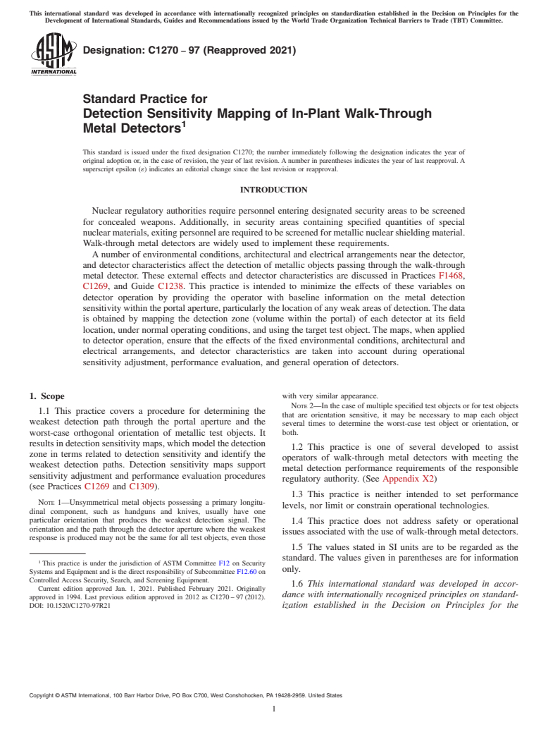 ASTM C1270-97(2021) - Standard Practice for  Detection Sensitivity Mapping of In-Plant Walk-Through<brk  /> Metal Detectors