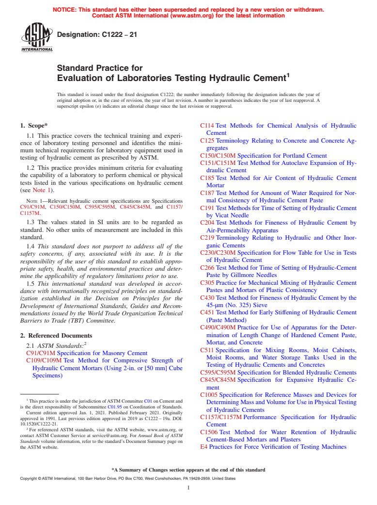 ASTM C1222-21 - Standard Practice for  Evaluation of Laboratories Testing Hydraulic Cement