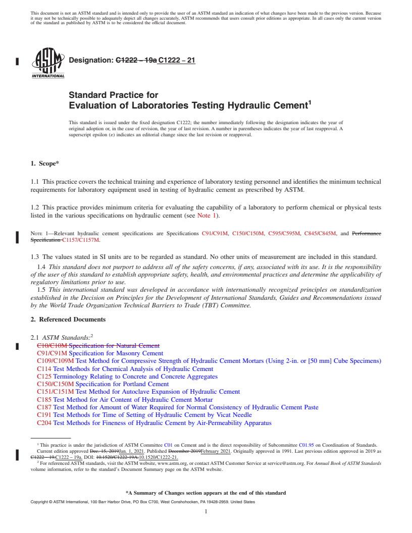 REDLINE ASTM C1222-21 - Standard Practice for  Evaluation of Laboratories Testing Hydraulic Cement