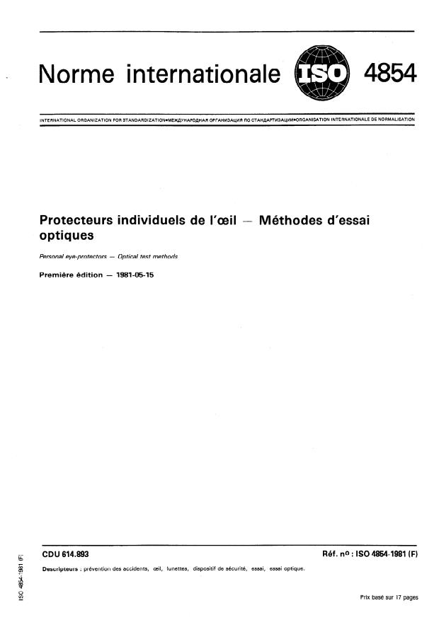 ISO 4854:1981 - Protecteurs individuels de l'oeil -- Méthodes d'essai optiques