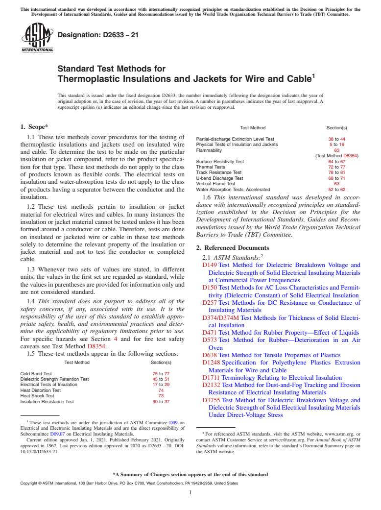 ASTM D2633-21 - Standard Test Methods for  Thermoplastic Insulations and Jackets for Wire and Cable