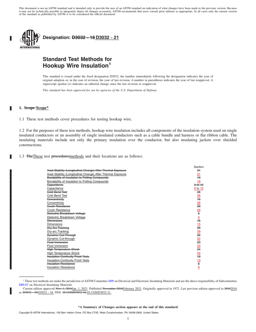 REDLINE ASTM D3032-21 - Standard Test Methods for  Hookup Wire Insulation