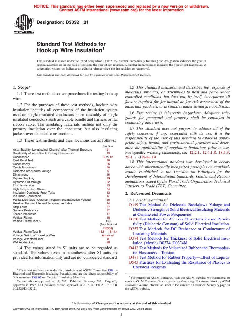 ASTM D3032-21 - Standard Test Methods for  Hookup Wire Insulation