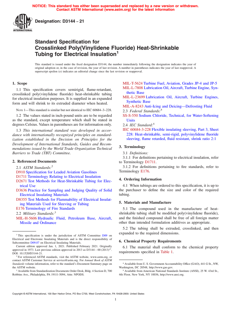 ASTM D3144-21 - Standard Specification for  Crosslinked Poly(Vinylidene Fluoride) Heat-Shrinkable Tubing  for Electrical Insulation