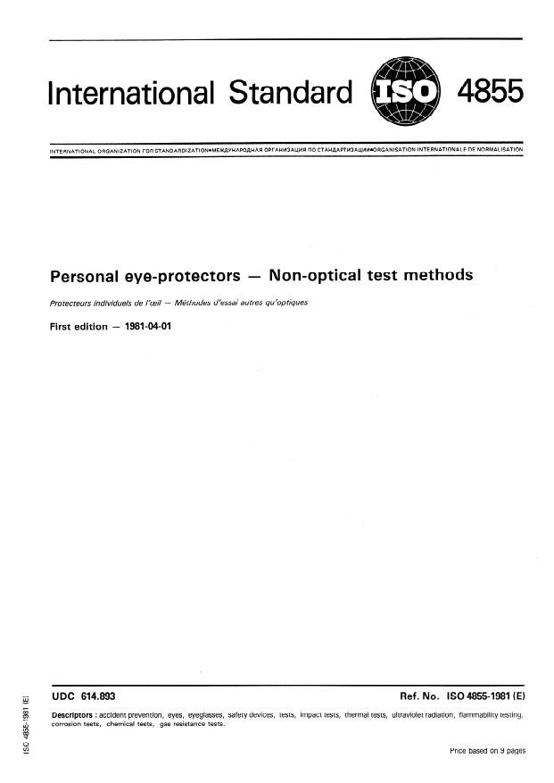 ISO 4855:1981 - Personal eye-protectors -- Non-optical test methods