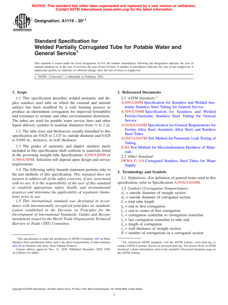 ASTM A1119-20e1 - Standard Specification for Welded Partially Corrugated Tube for Potable Water and General  Service