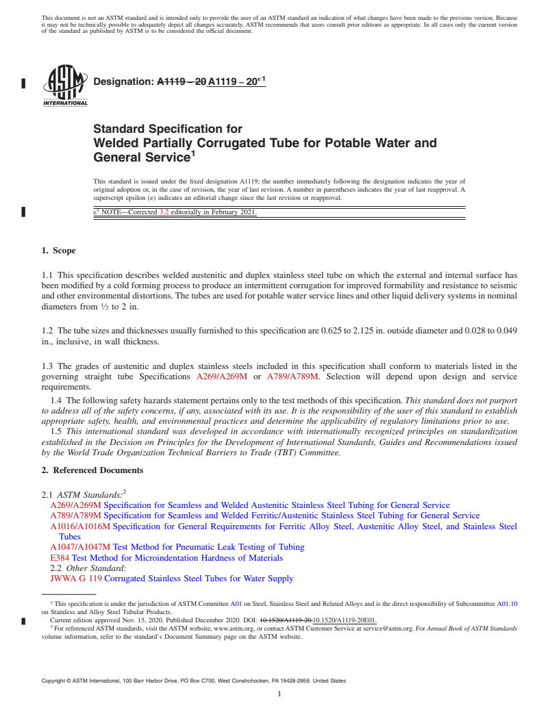 REDLINE ASTM A1119-20e1 - Standard Specification for Welded Partially Corrugated Tube for Potable Water and General  Service