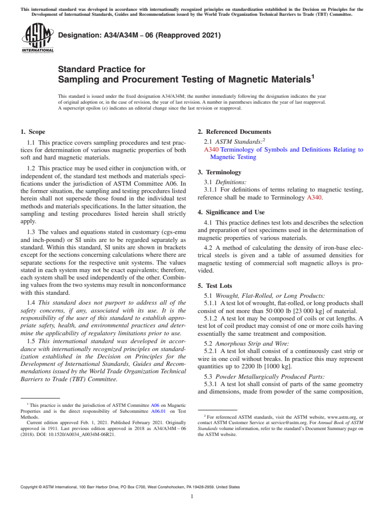 ASTM A34/A34M-06(2021) - Standard Practice for  Sampling and Procurement Testing of Magnetic Materials