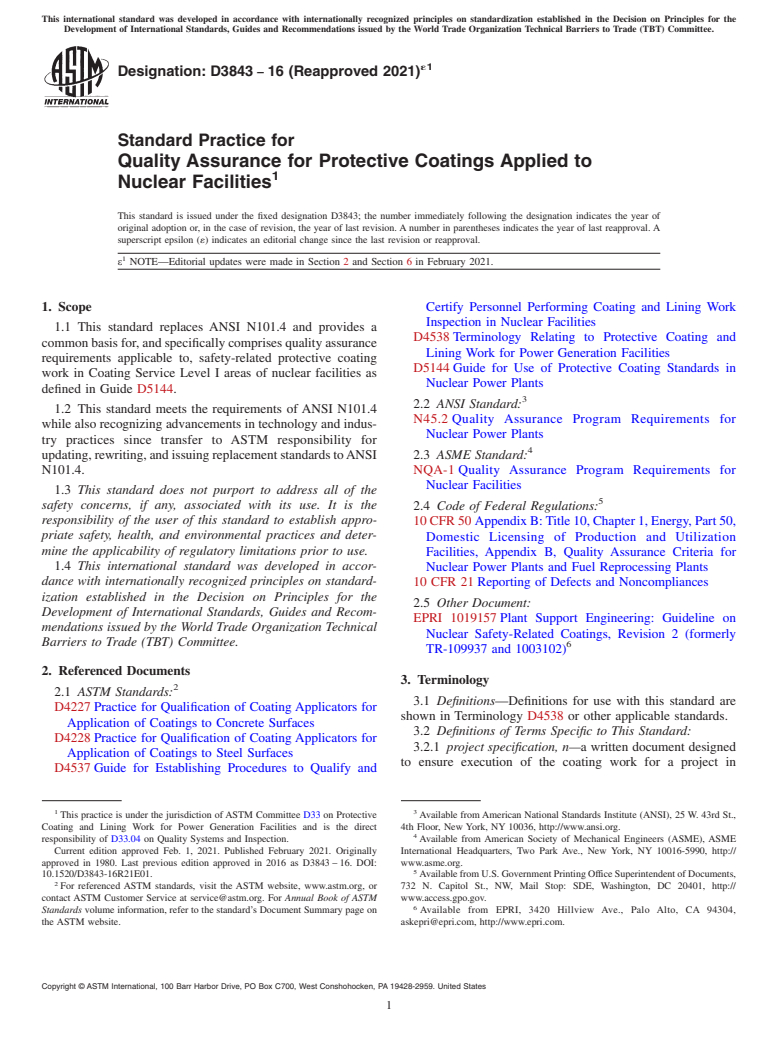 ASTM D3843-16(2021)e1 - Standard Practice for Quality Assurance for Protective Coatings Applied to Nuclear  Facilities