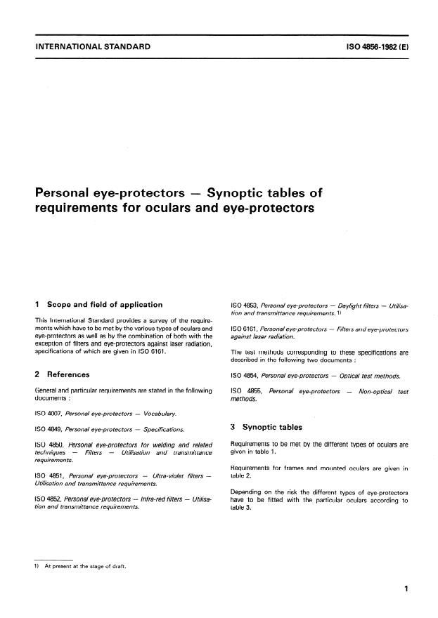 ISO 4856:1982 - Personal eye-protectors -- Synoptic tables of requirements for oculars and eye-protectors