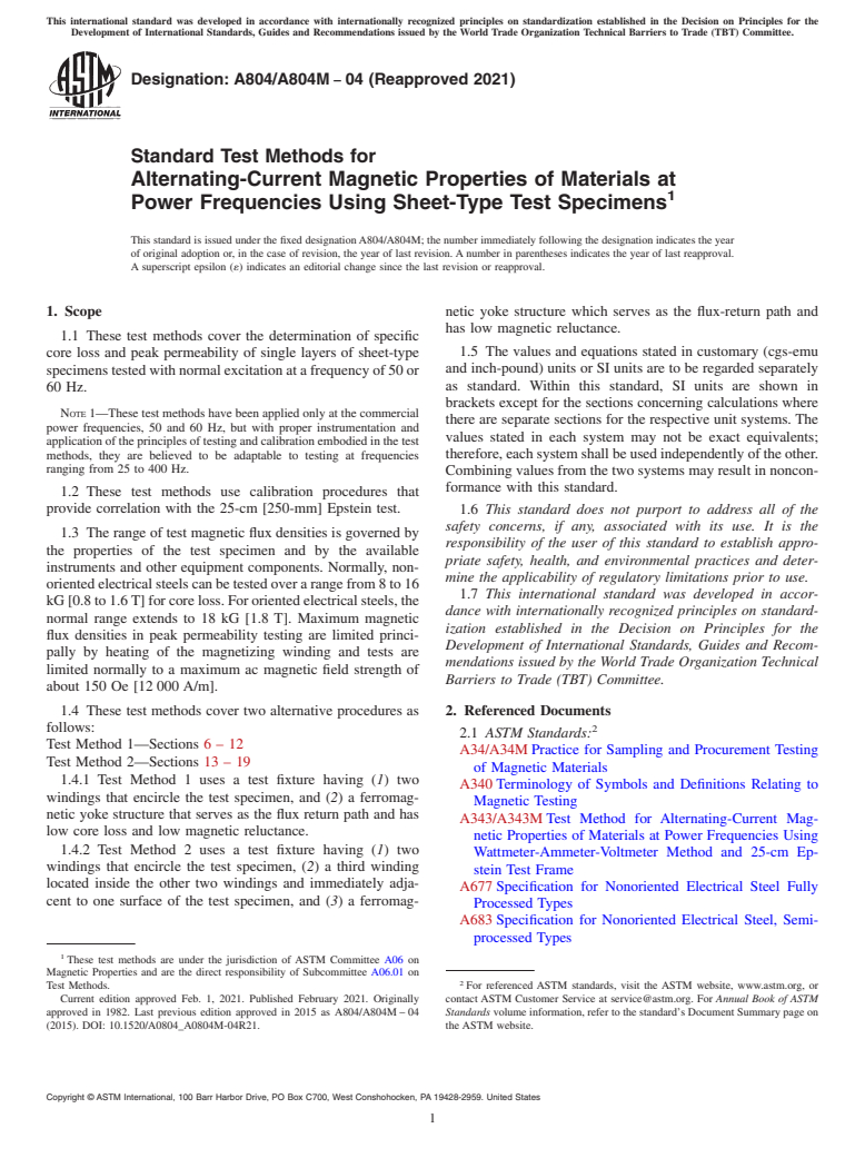 ASTM A804/A804M-04(2021) - Standard Test Methods for Alternating-Current Magnetic Properties of Materials at Power   Frequencies  Using Sheet-Type Test Specimens