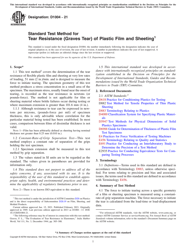 ASTM D1004-21 - Standard Test Method for  Tear Resistance (Graves Tear) of Plastic Film and Sheeting