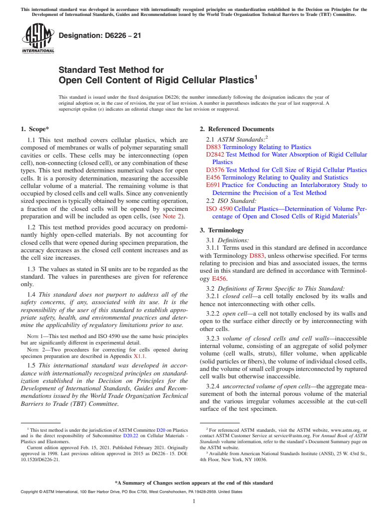 ASTM D6226-21 - Standard Test Method for Open Cell Content of Rigid Cellular Plastics