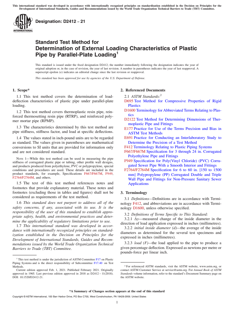ASTM D2412-21 - Standard Test Method for  Determination of External Loading Characteristics of Plastic   Pipe by Parallel-Plate Loading