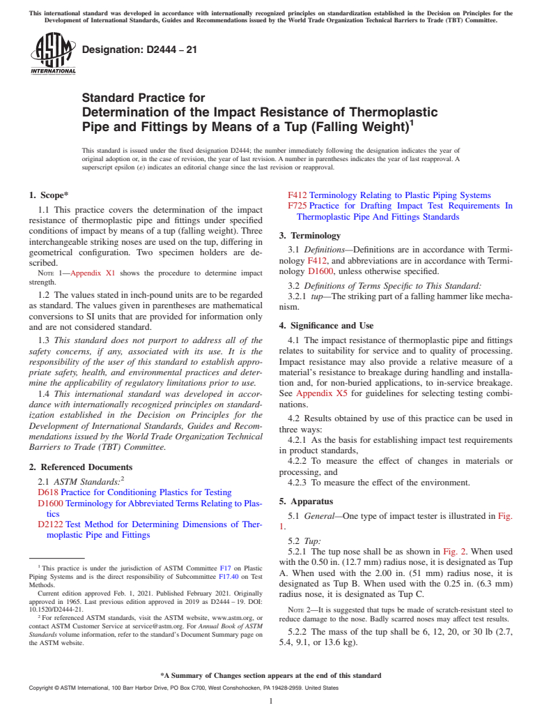 ASTM D2444-21 - Standard Practice for  Determination of the Impact Resistance of Thermoplastic Pipe   and Fittings by Means of a Tup (Falling Weight)