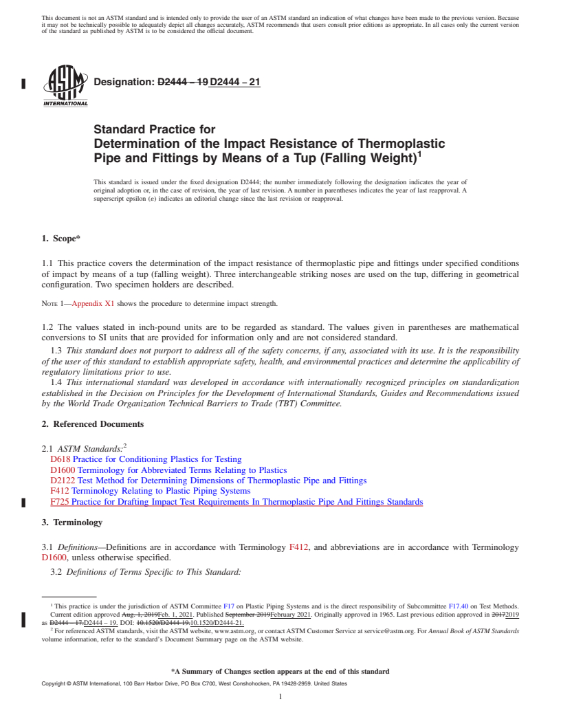 REDLINE ASTM D2444-21 - Standard Practice for  Determination of the Impact Resistance of Thermoplastic Pipe   and Fittings by Means of a Tup (Falling Weight)