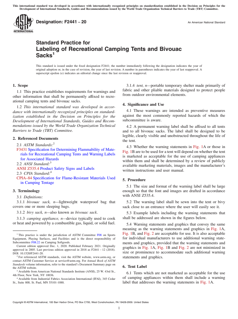 ASTM F2441-20 - Standard Practice for  Labeling of Recreational Camping Tents and Bivouac Sacks