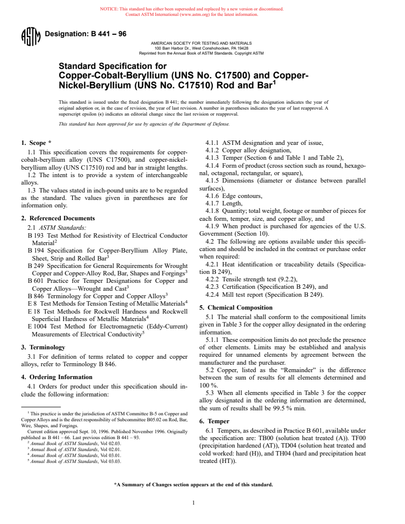 ASTM B441-96 - Standard Specification for Copper-Cobalt-Beryllium (UNS No. C17500) and Copper-Nickel-Beryllium (UNS No. C17510) Rod and Bar