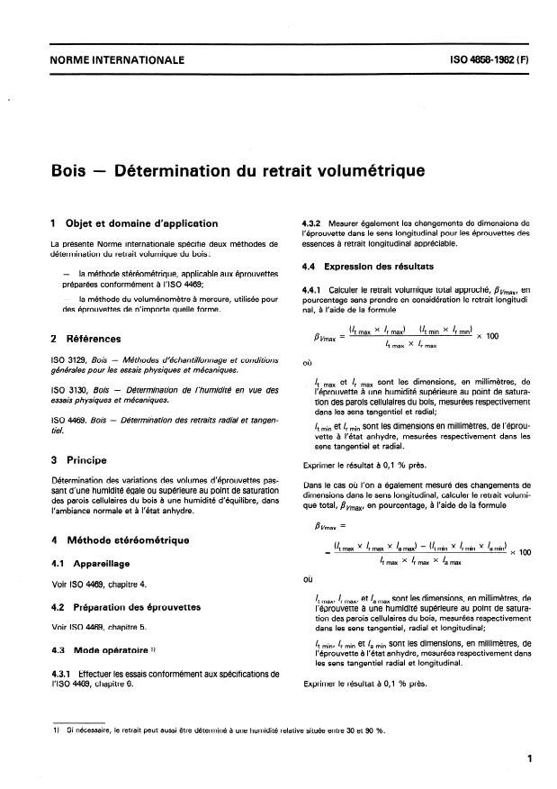 ISO 4858:1982 - Bois -- Détermination du retrait volumique