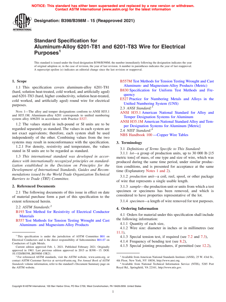 ASTM B398/B398M-15(2021) - Standard Specification for Aluminum-Alloy 6201-T81 and 6201-T83 Wire for Electrical Purposes