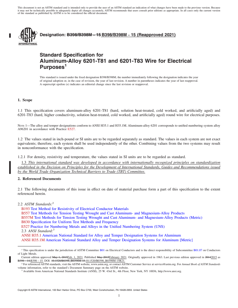 REDLINE ASTM B398/B398M-15(2021) - Standard Specification for Aluminum-Alloy 6201-T81 and 6201-T83 Wire for Electrical Purposes