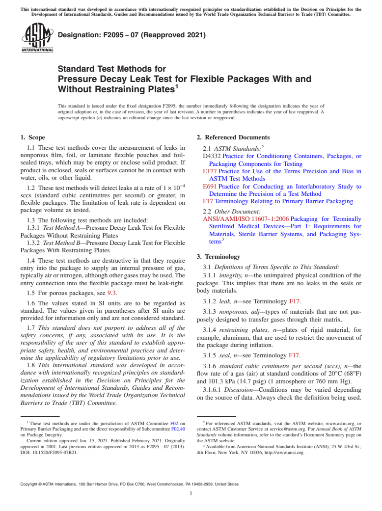 ASTM F2095-07(2021) - Standard Test Methods for  Pressure Decay Leak Test for Flexible Packages With and Without  Restraining Plates