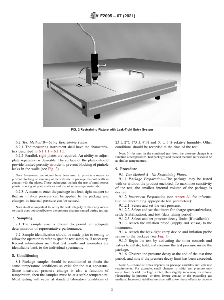 ASTM F2095-07(2021) - Standard Test Methods for  Pressure Decay Leak Test for Flexible Packages With and Without  Restraining Plates