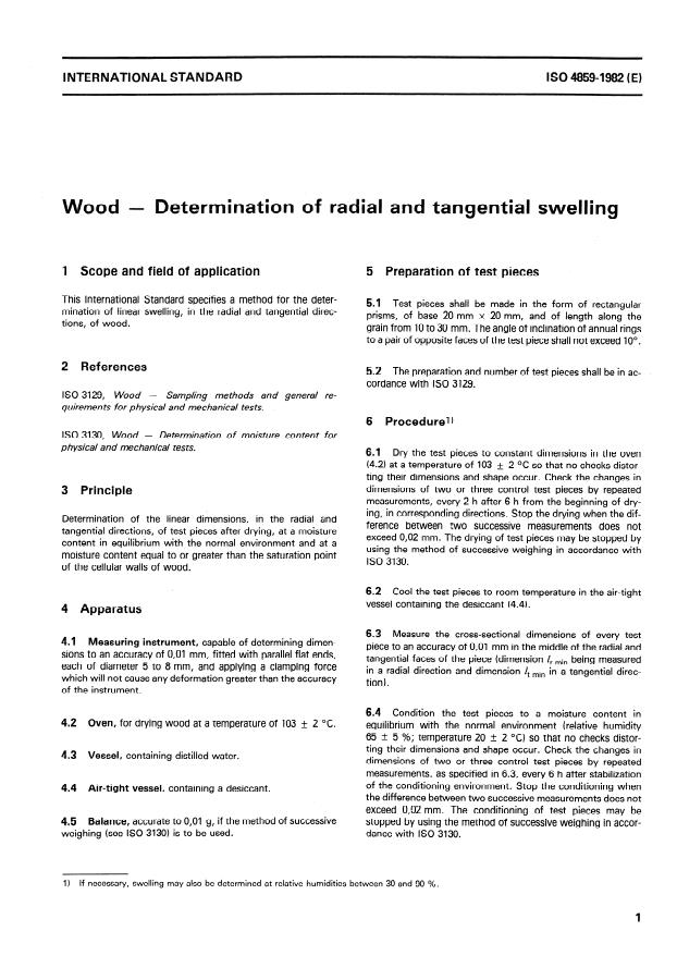 ISO 4859:1982 - Wood -- Determination of radial and tangential swelling