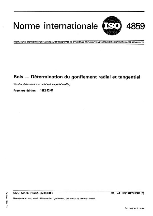 ISO 4859:1982 - Bois -- Détermination du gonflement radial et tangentiel