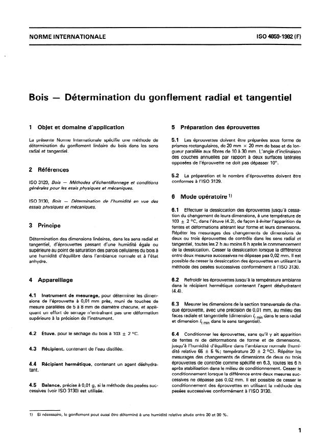 ISO 4859:1982 - Bois -- Détermination du gonflement radial et tangentiel