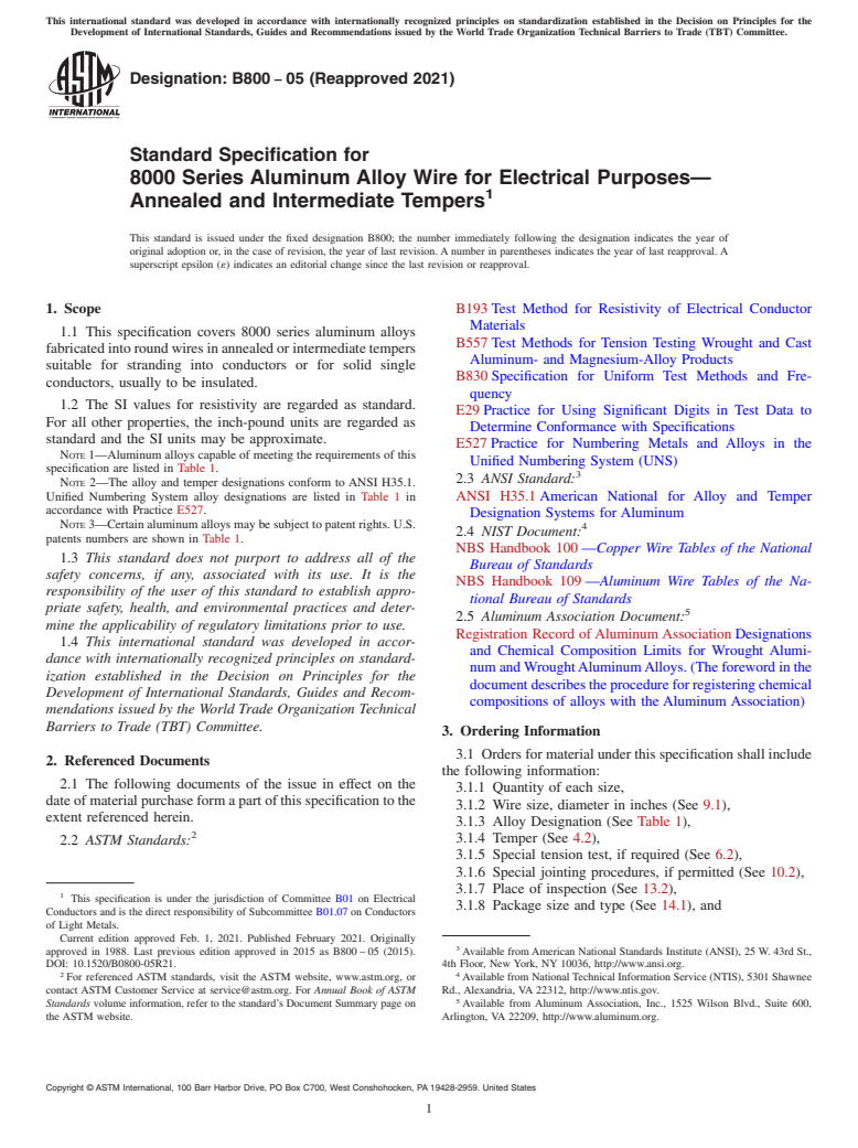 ASTM B800-05(2021) - Standard Specification for 8000 Series Aluminum Alloy Wire for Electrical Purposes—Annealed   and Intermediate Tempers