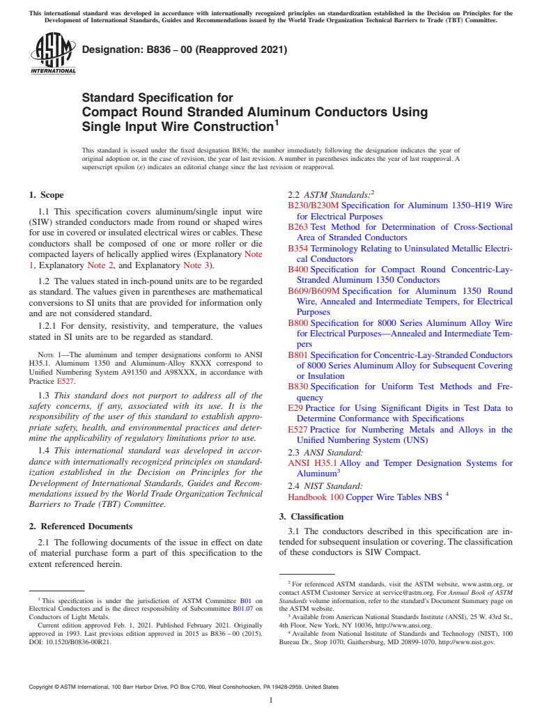 ASTM B836-00(2021) - Standard Specification for Compact Round Stranded Aluminum Conductors Using Single Input   Wire Construction