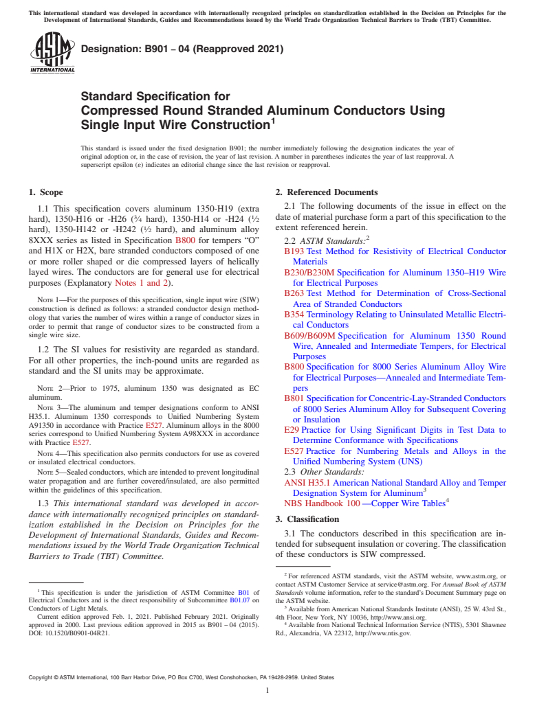 ASTM B901-04(2021) - Standard Specification for Compressed Round Stranded Aluminum Conductors Using Single   Input Wire Construction