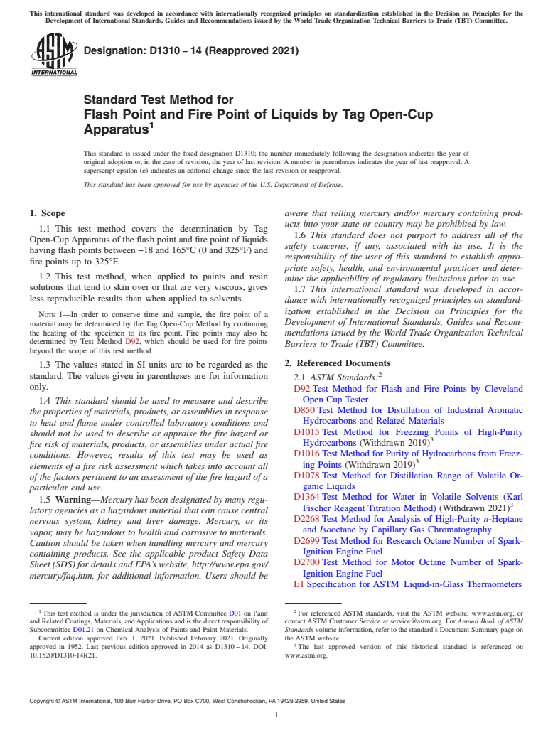 ASTM D1310-14(2021) - Standard Test Method for Flash Point and Fire Point of Liquids by Tag Open-Cup Apparatus