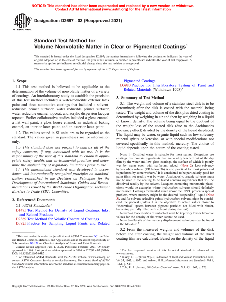 ASTM D2697-03(2021) - Standard Test Method for Volume Nonvolatile Matter in Clear or Pigmented Coatings