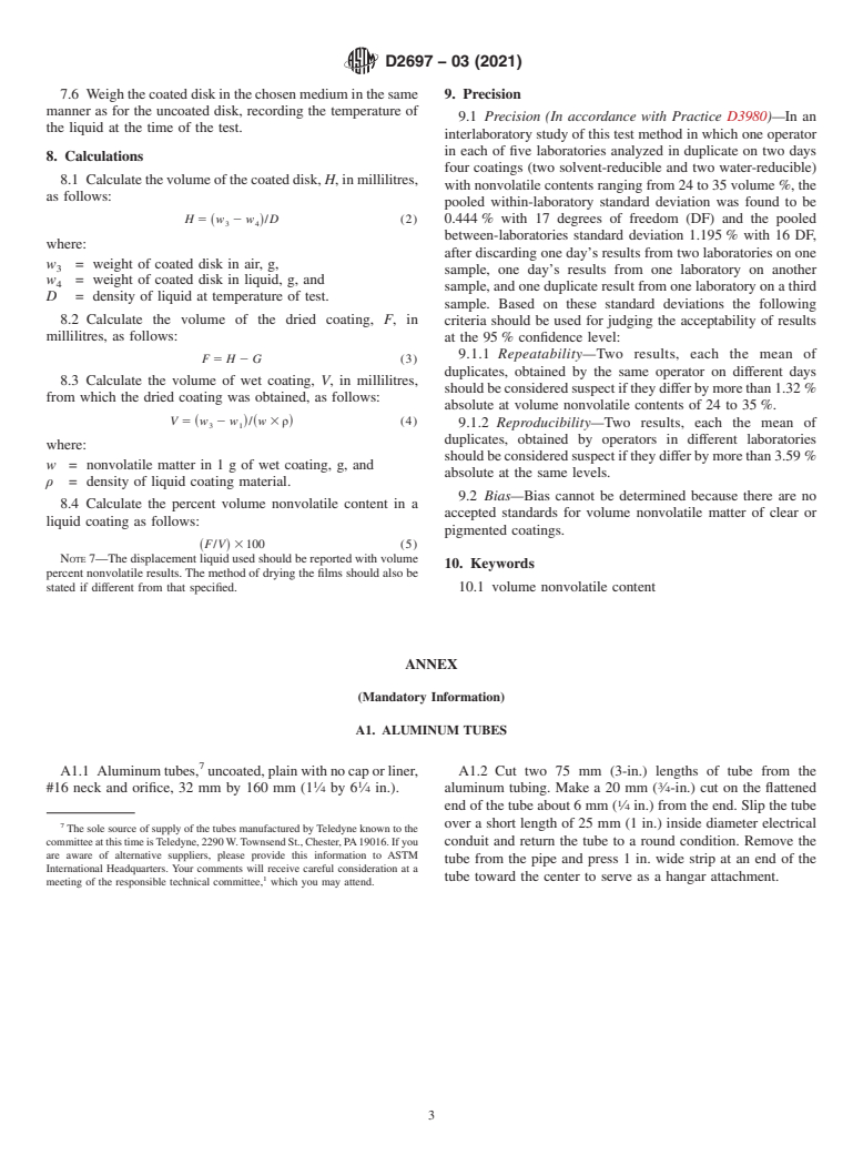 ASTM D2697-03(2021) - Standard Test Method for Volume Nonvolatile Matter in Clear or Pigmented Coatings