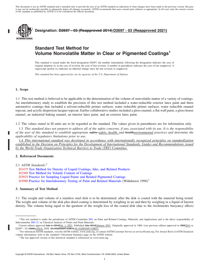 REDLINE ASTM D2697-03(2021) - Standard Test Method for Volume Nonvolatile Matter in Clear or Pigmented Coatings