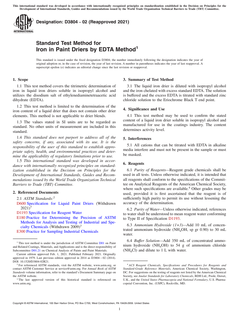 ASTM D3804-02(2021) - Standard Test Method for Iron in Paint Driers by EDTA Method