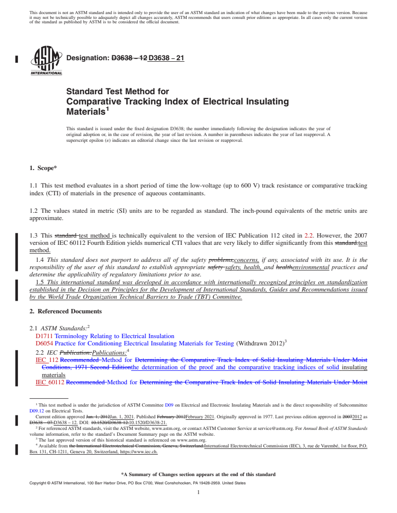 REDLINE ASTM D3638-21 - Standard Test Method for  Comparative Tracking Index of Electrical Insulating Materials