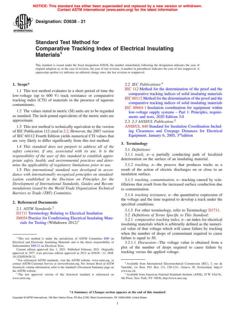 ASTM D3638-21 - Standard Test Method for  Comparative Tracking Index of Electrical Insulating Materials