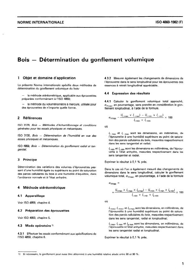 ISO 4860:1982 - Bois -- Détermination du gonflement volumique