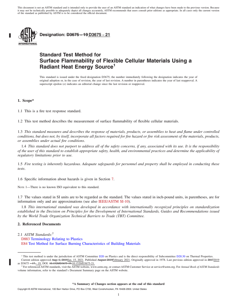 REDLINE ASTM D3675-21 - Standard Test Method for Surface Flammability of Flexible Cellular Materials Using a  Radiant Heat Energy Source