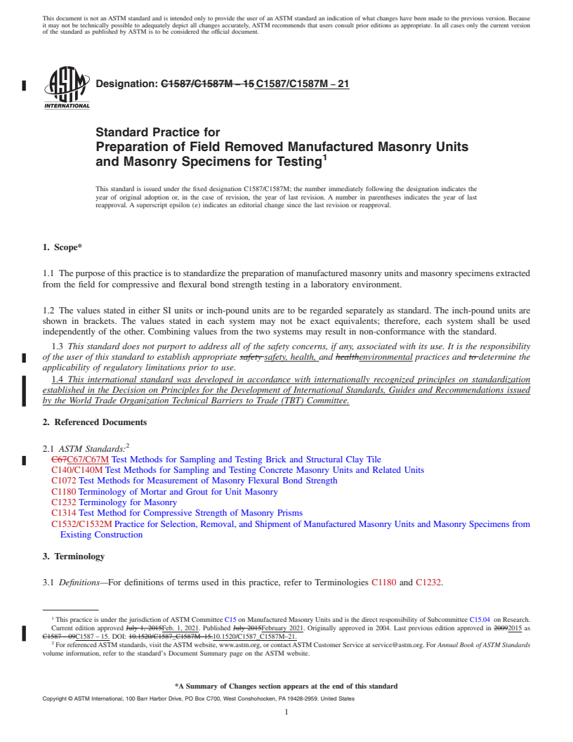 REDLINE ASTM C1587/C1587M-21 - Standard Practice for Preparation of Field Removed Manufactured Masonry Units and  Masonry Specimens for Testing