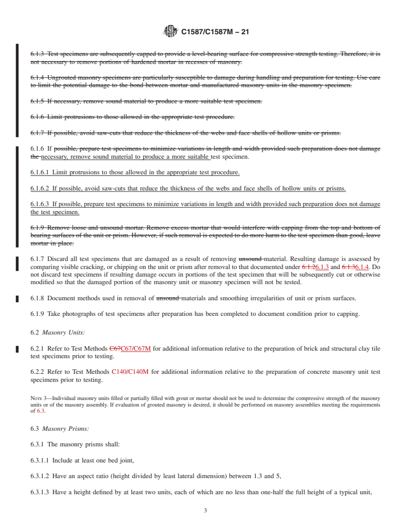 REDLINE ASTM C1587/C1587M-21 - Standard Practice for Preparation of Field Removed Manufactured Masonry Units and  Masonry Specimens for Testing