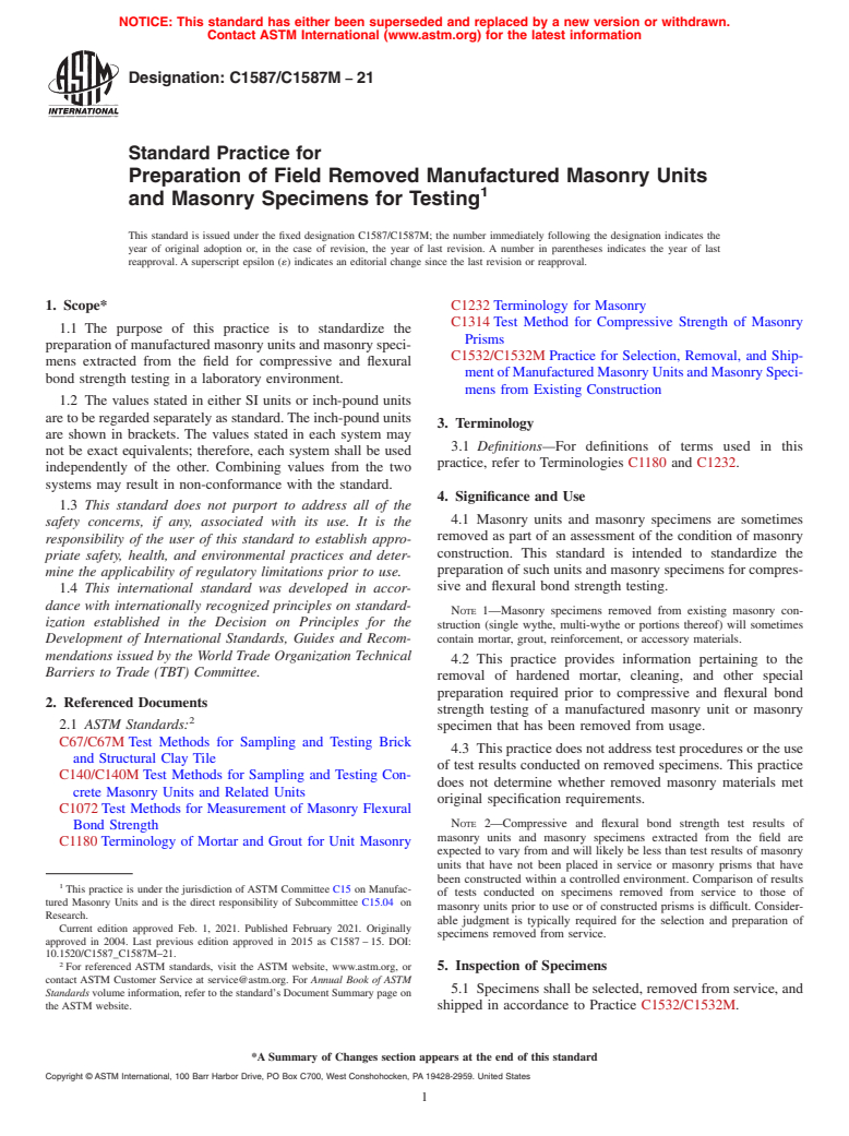 ASTM C1587/C1587M-21 - Standard Practice for Preparation of Field Removed Manufactured Masonry Units and  Masonry Specimens for Testing