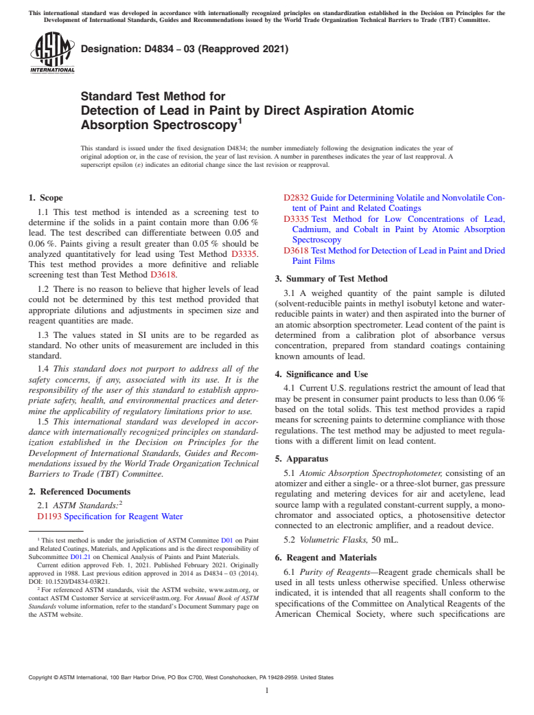 ASTM D4834-03(2021) - Standard Test Method for Detection of Lead in Paint by Direct Aspiration Atomic Absorption   Spectroscopy