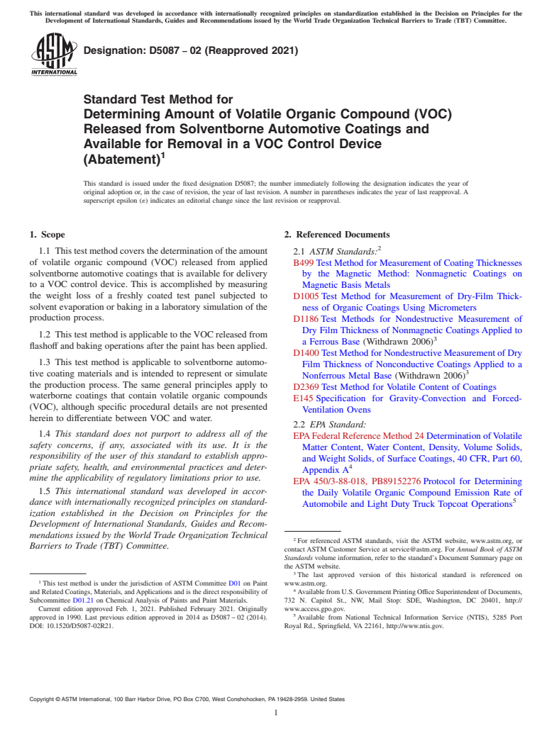 ASTM D5087-02(2021) - Standard Test Method for Determining Amount of Volatile Organic Compound (VOC) Released   from  Solventborne Automotive Coatings and Available for Removal  in  a VOC Control  Device (Abatement)