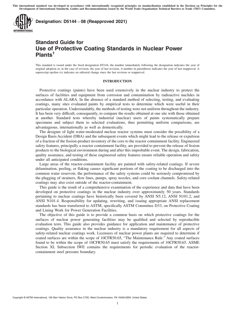 ASTM D5144-08(2021) - Standard Guide for Use of Protective Coating Standards in Nuclear Power Plants