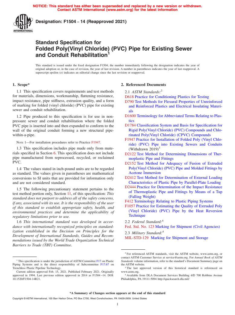 ASTM F1504-14(2021) - Standard Specification for  Folded Poly(Vinyl Chloride) (PVC) Pipe for Existing Sewer and   Conduit Rehabilitation