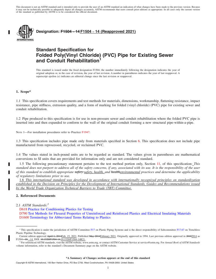 REDLINE ASTM F1504-14(2021) - Standard Specification for  Folded Poly(Vinyl Chloride) (PVC) Pipe for Existing Sewer and   Conduit Rehabilitation